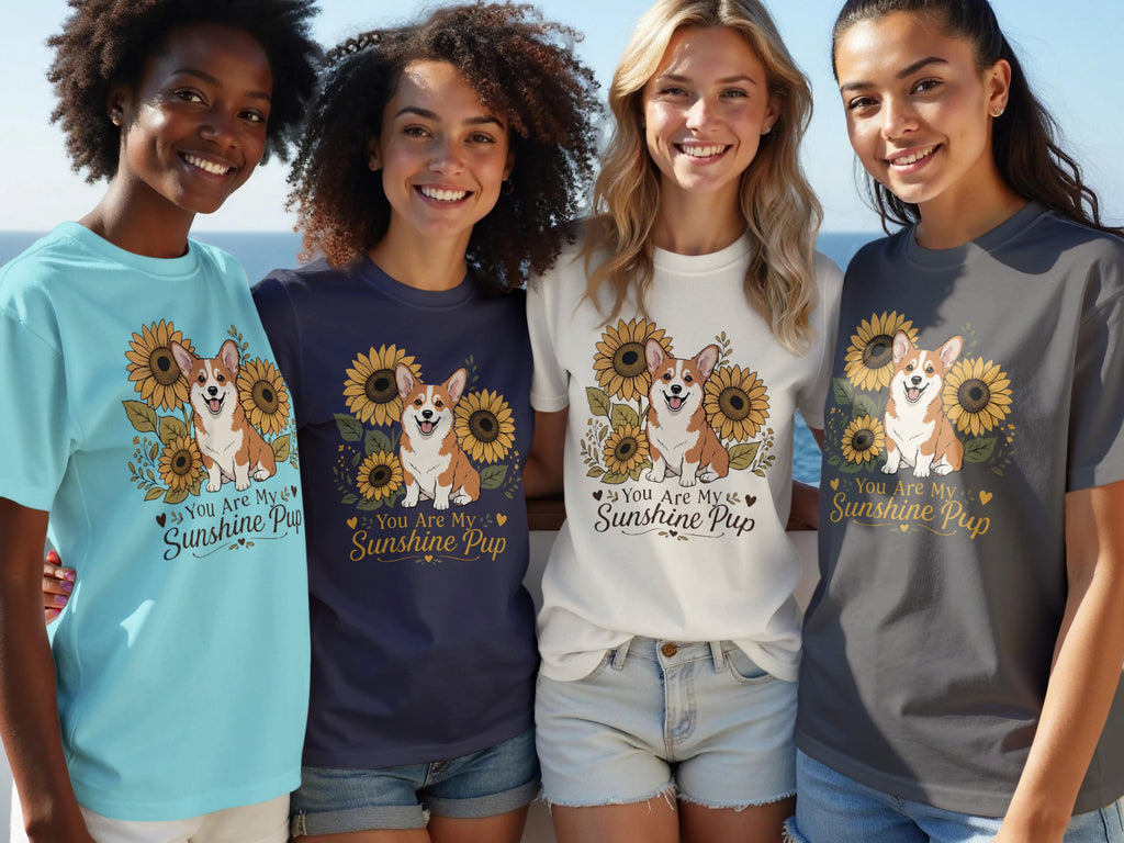 Four women wearing t-shirts with a corgi and sunflowers design that reads "You Are My Sunshine Pup".