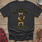 T-shirt with illustration of French bulldog holding rifle, text "GONE HUNTING", "DOG HOUSE HUNT CLUB"