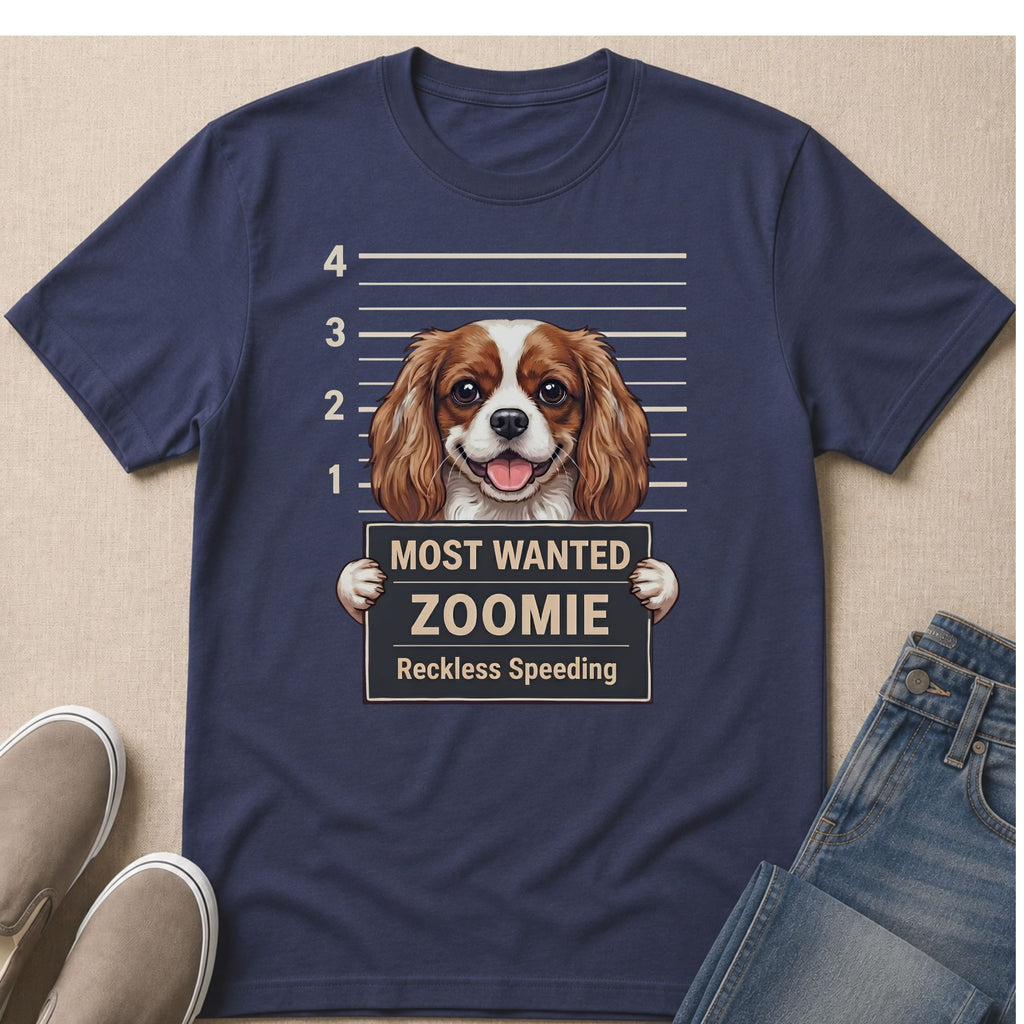 Dark blue t-shirt with Cavalier King Charles Spaniel mugshot graphic reading "Most Wanted Zoomie Reckless Speeding".