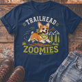Navy t-shirt with a corgi running with a stick, text says "Trailhead Zoomies."
