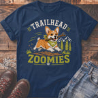 Navy t-shirt with a corgi running with a stick, text says "Trailhead Zoomies."