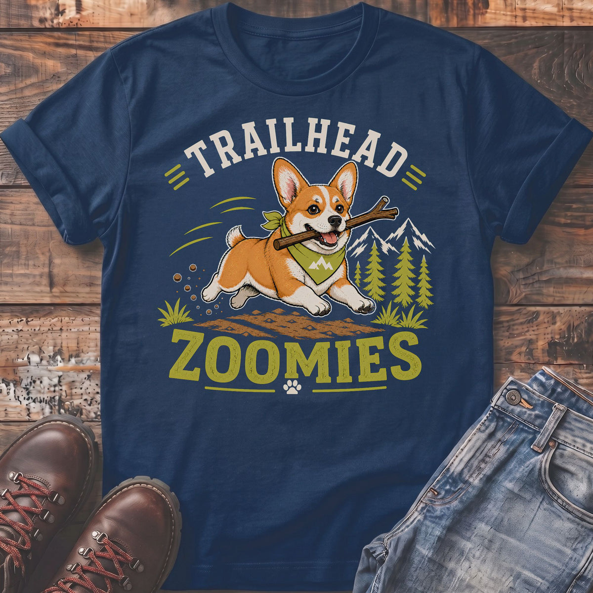 Navy t-shirt with a corgi running with a stick, text says "Trailhead Zoomies."