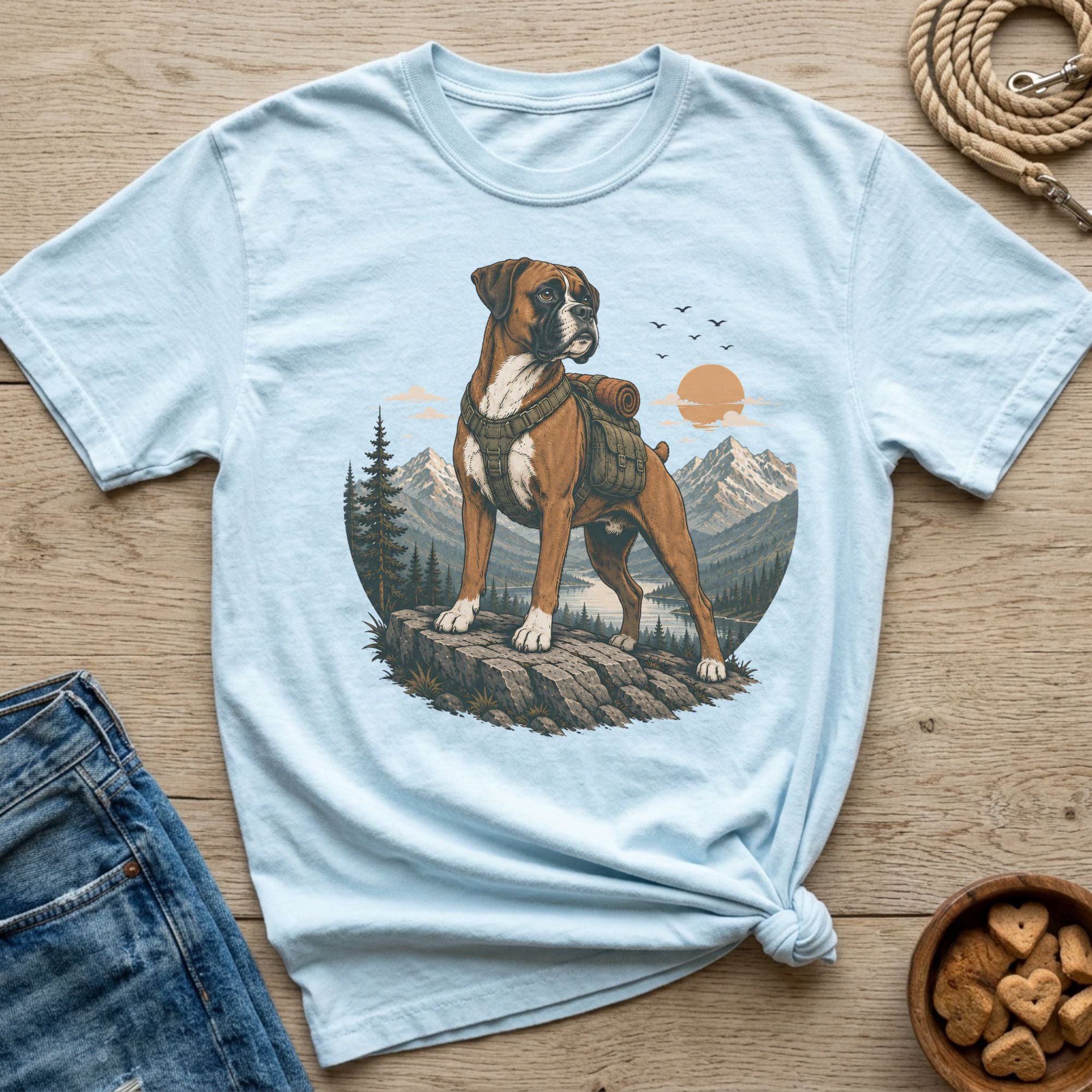 Light blue t-shirt with a graphic of a boxer dog wearing a backpack in a mountain landscape.