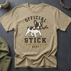 French bulldog with stick graphic and "Official Stick Transportation Dept" text on t-shirt.