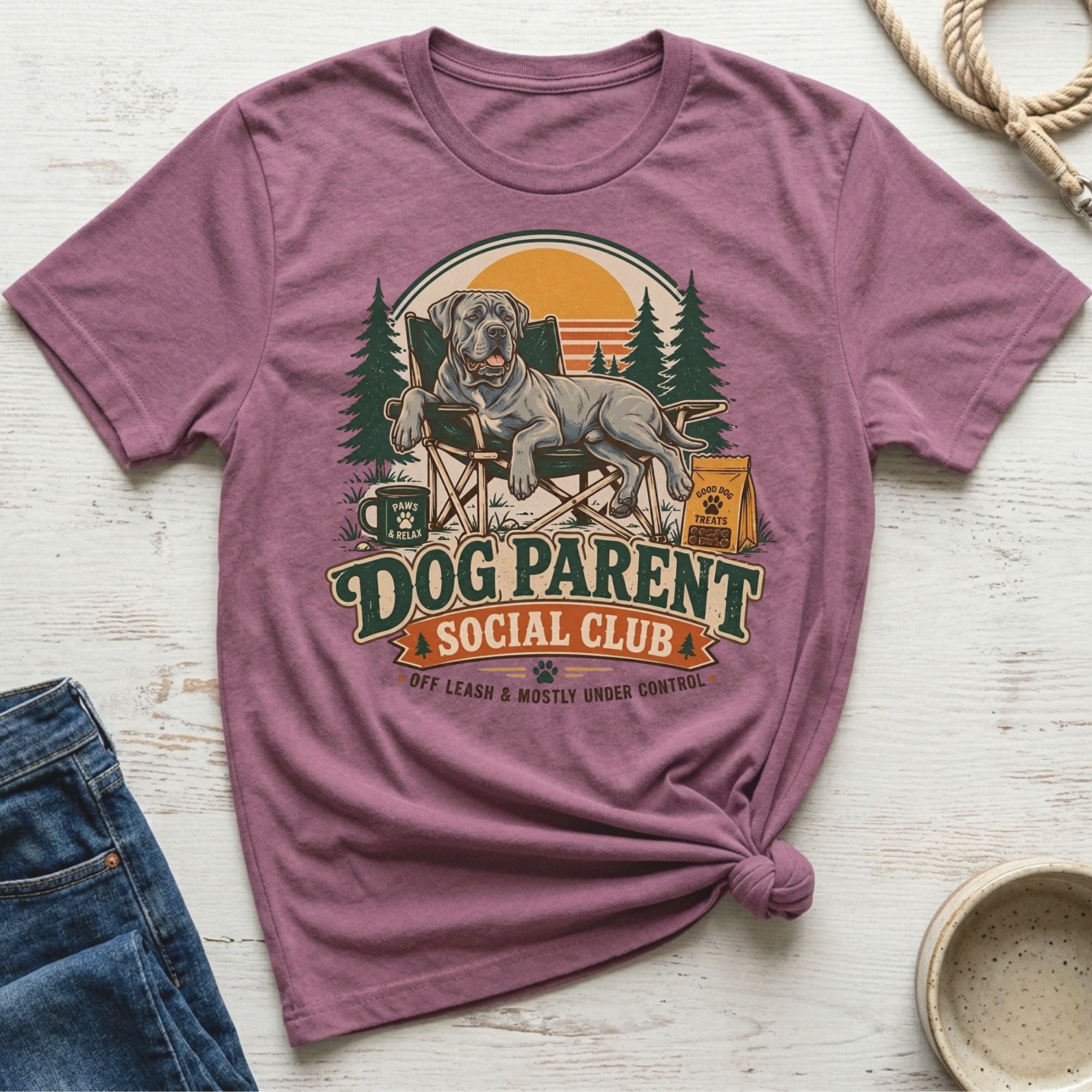 T-shirt with "Dog Parent Social Club" graphic featuring a dog relaxing outdoors.