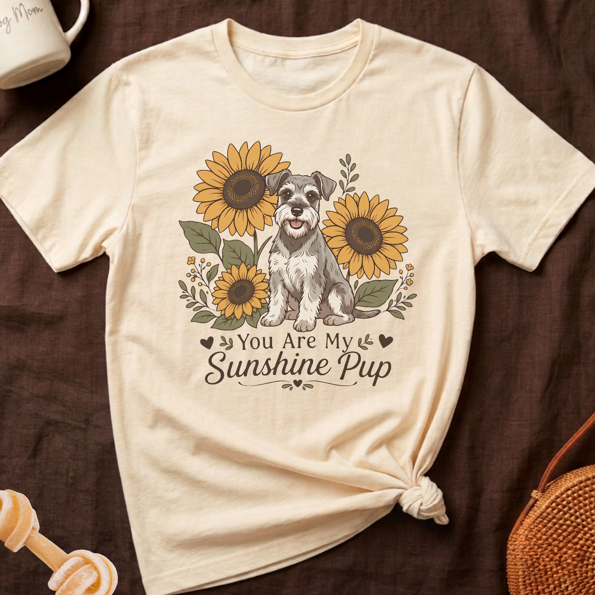 Cream t-shirt with a schnauzer dog surrounded by sunflowers, text reads "You Are My Sunshine Pup".