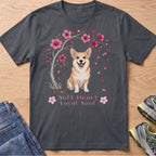 Dark grey t-shirt with a corgi sitting under a cherry blossom tree with text "Soft Heart Loyal Soul".