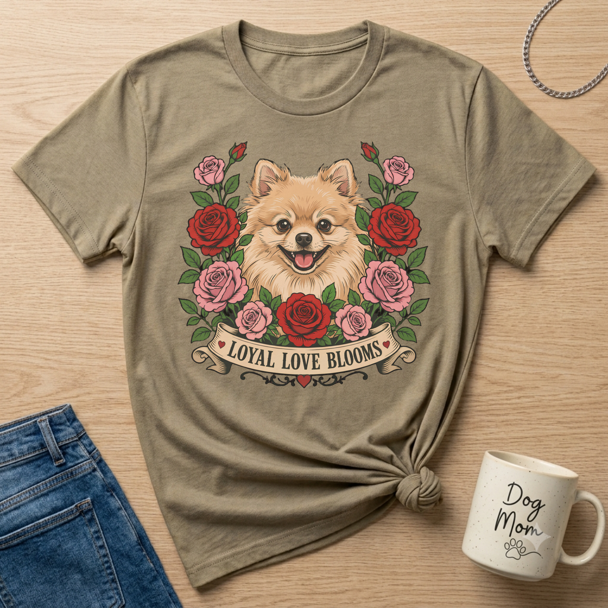 Pomeranian dog with roses and banner reading "Loyal Love Blooms" on a tan t-shirt.