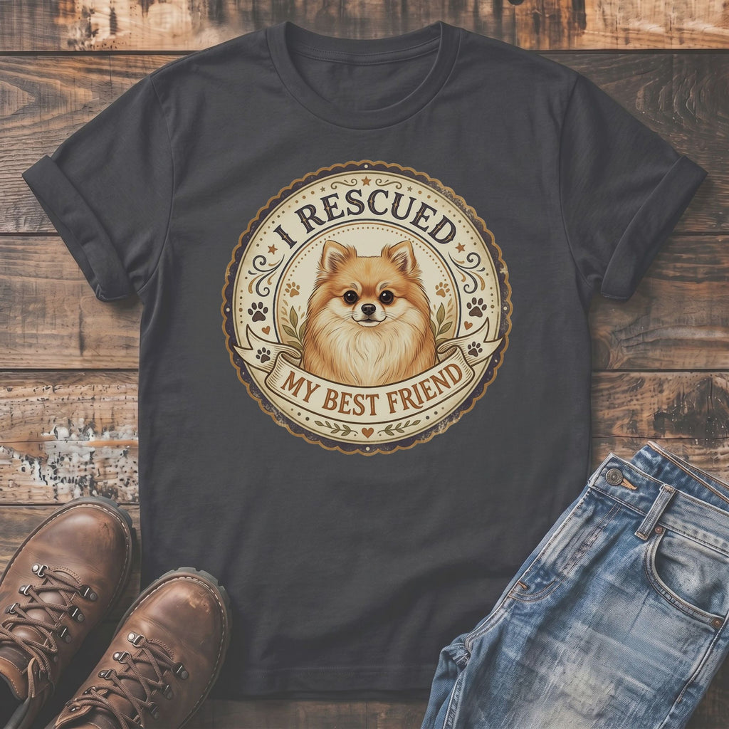 Dark t-shirt with a circular graphic featuring a Pomeranian dog and text "I RESCUED MY BEST FRIEND."