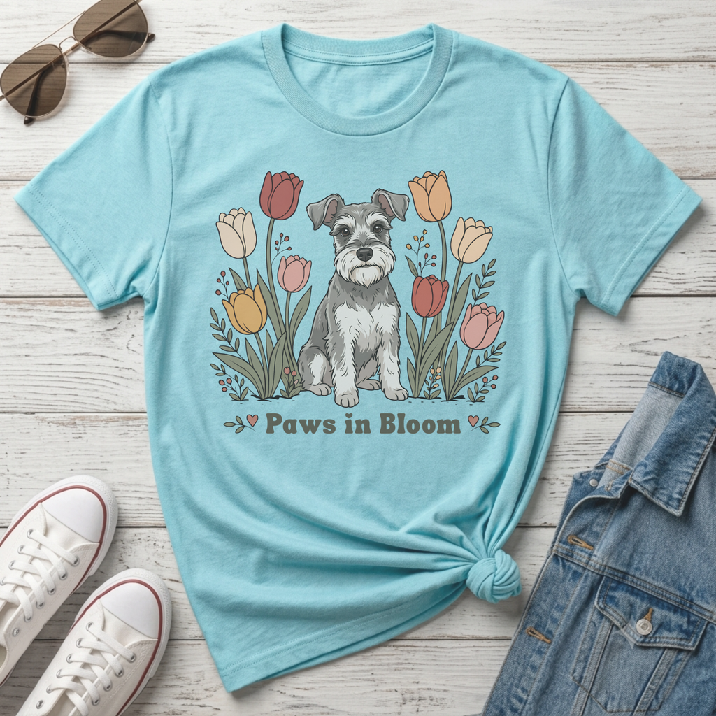 Light blue t-shirt with a schnauzer dog illustration surrounded by tulips and the text "Paws in Bloom".