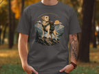 Labrador retriever wearing backpack on rock with mountain and lake scene.