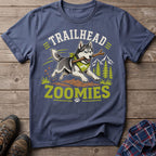T-shirt with husky dog, stick, mountains, and text "TRAILHEAD ZOOMIES".