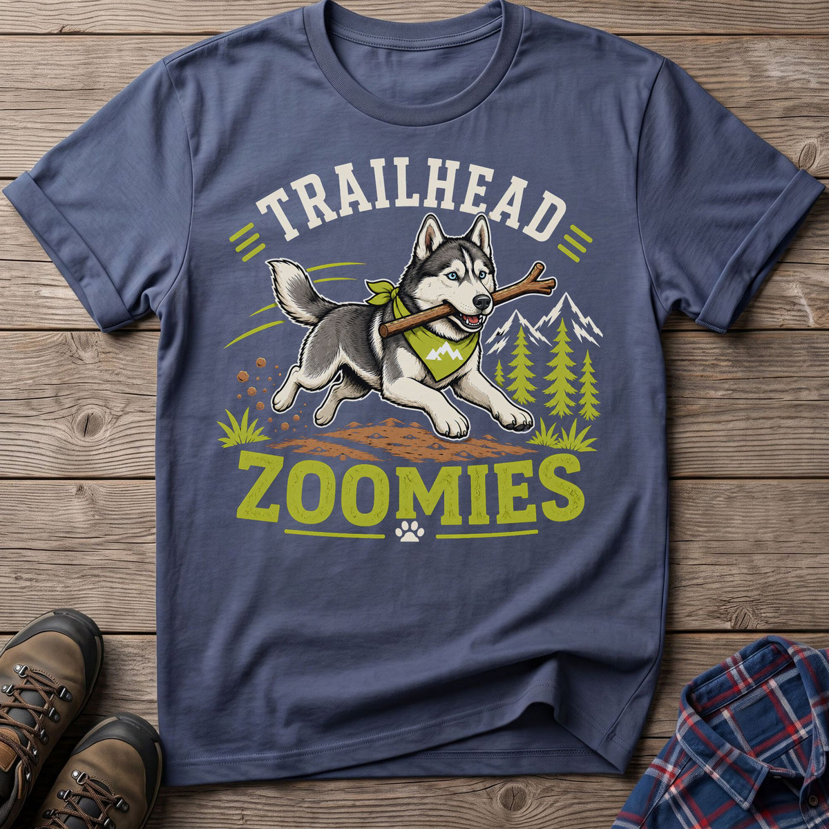 T-shirt with husky dog, stick, mountains, and text "TRAILHEAD ZOOMIES".