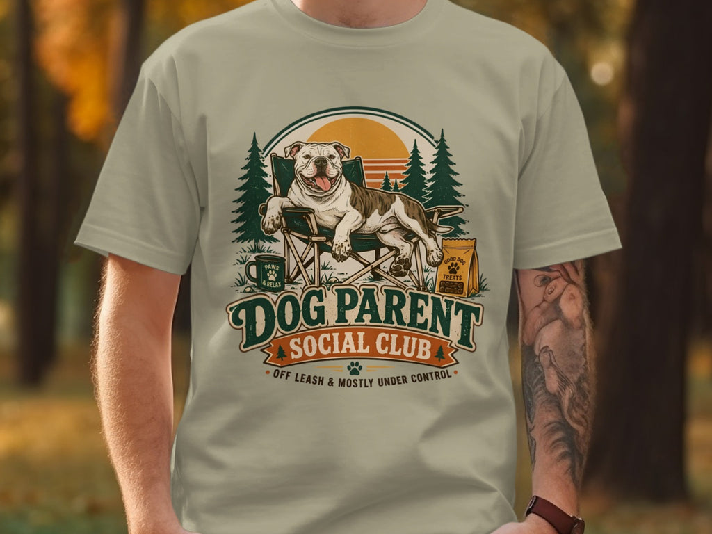 American Bulldog relaxing in camp chair with "Dog Parent Social Club" text.