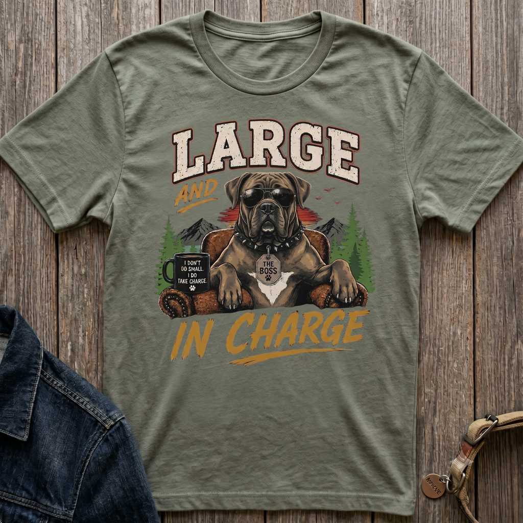 Olive green t-shirt with a dog graphic saying "LARGE AND IN CHARGE".