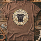 Brown t-shirt with a distressed circular graphic featuring a black dog and text "I RESCUED MY BEST FRIEND".