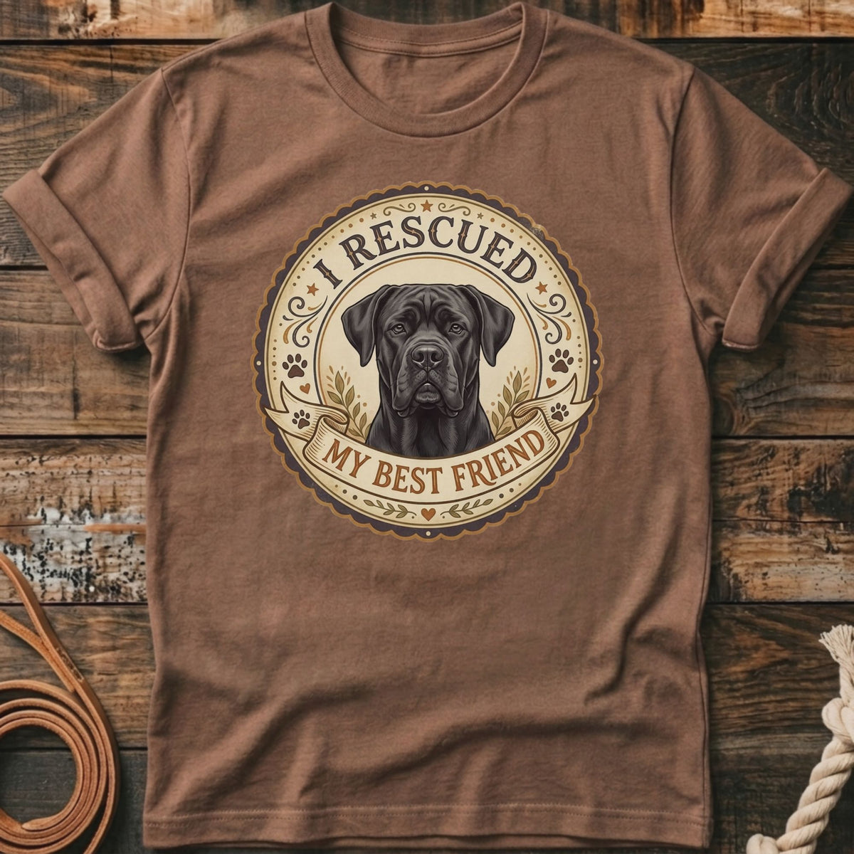 Brown t-shirt with a distressed circular graphic featuring a black dog and text "I RESCUED MY BEST FRIEND".
