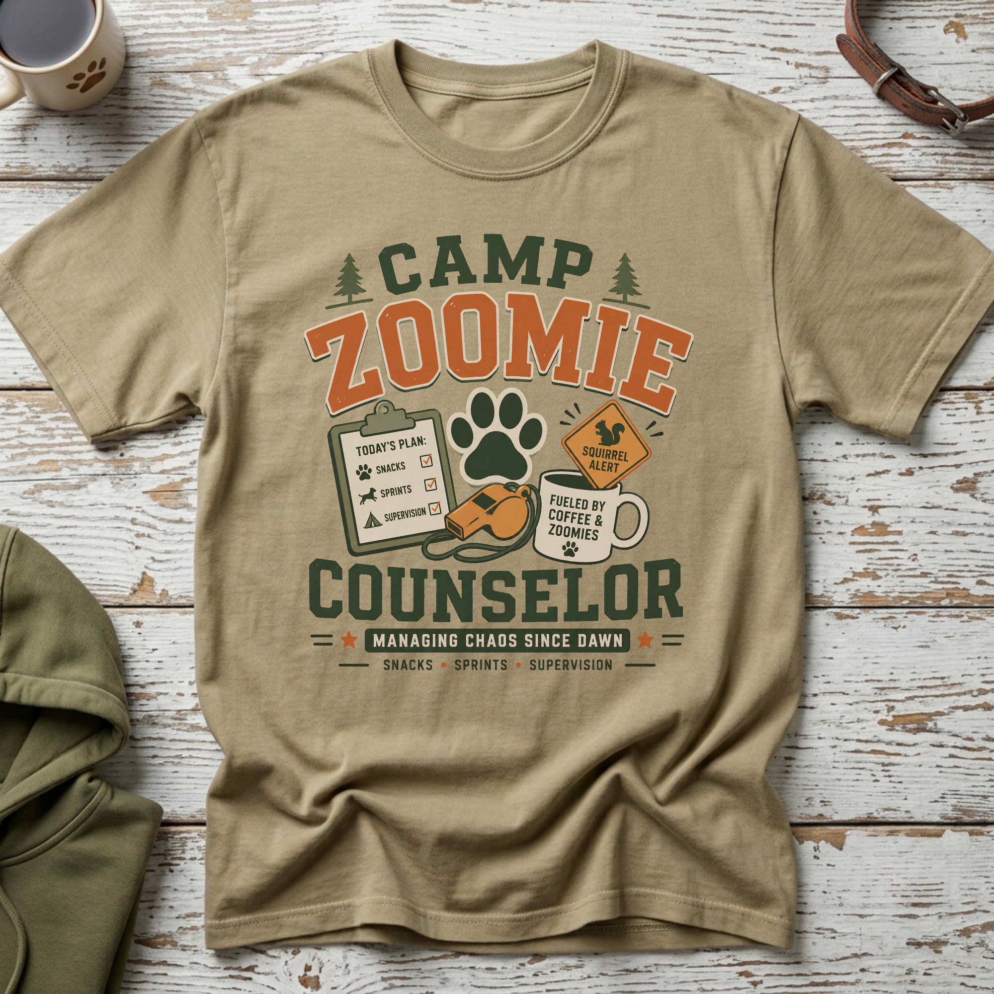 Camp Zoomie Counselor shirt with graphics of a clipboard, paw print, whistle, coffee mug, and squirrel alert sign.