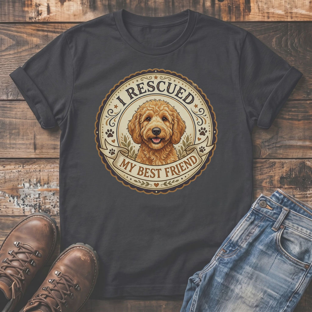 Dark grey t-shirt with gold seal graphic of a dog and text "I RESCUED MY BEST FRIEND".