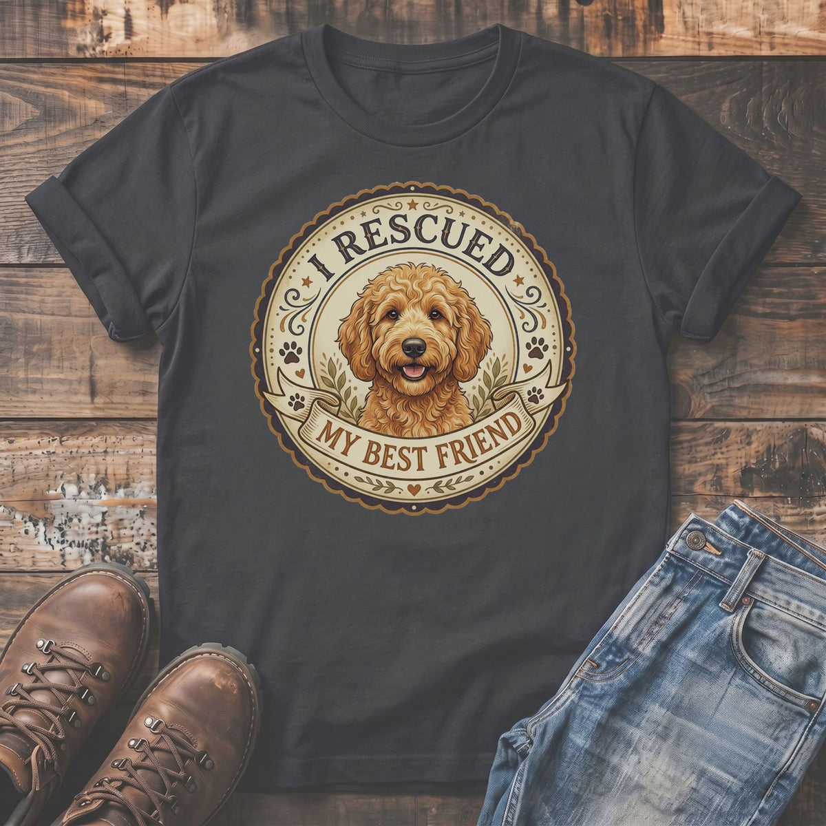 Dark grey t-shirt with gold seal graphic of a dog and text "I RESCUED MY BEST FRIEND".