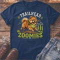 Pomeranian dog with stick on shirt, text "TRAILHEAD ZOOMIES."