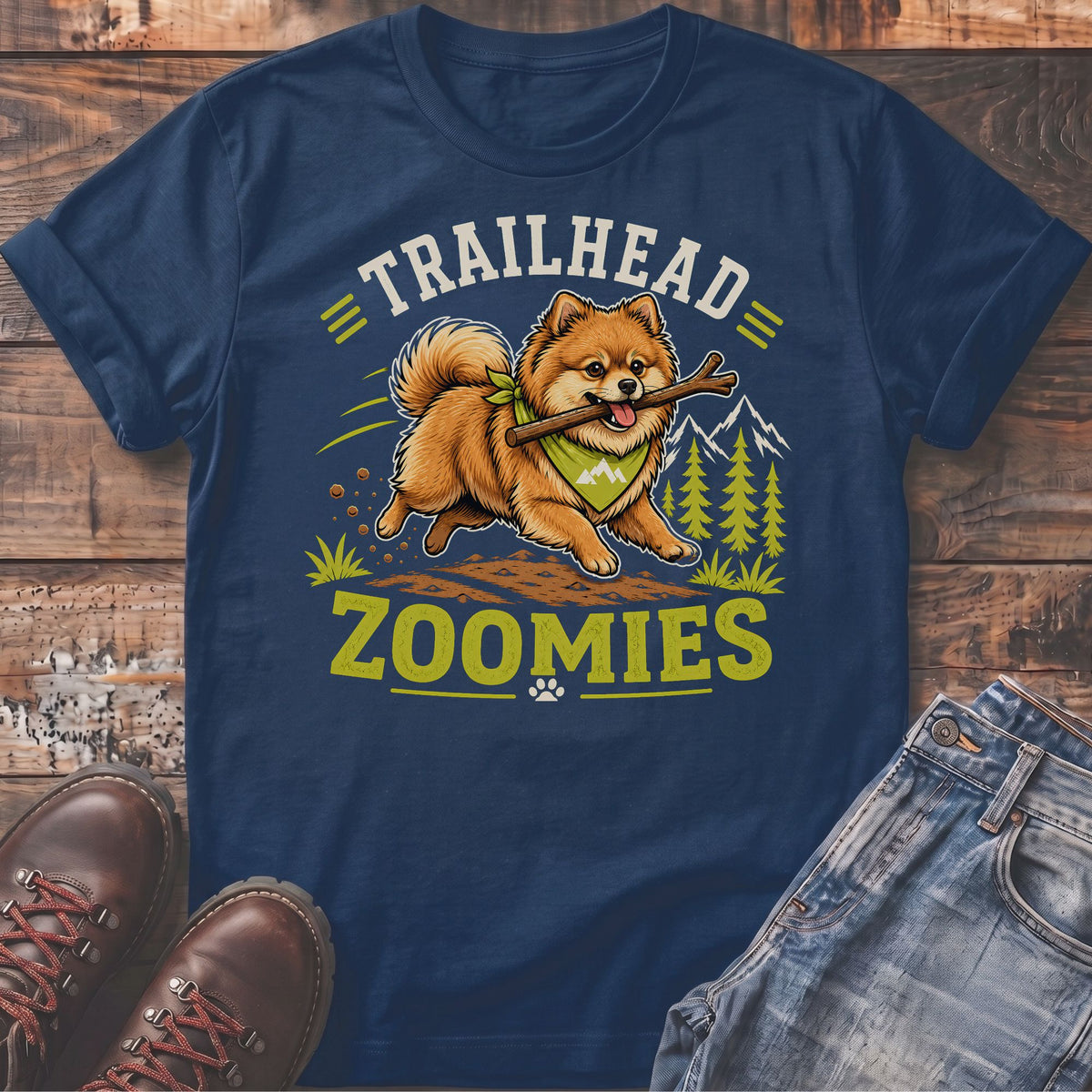 Pomeranian dog with stick on shirt, text "TRAILHEAD ZOOMIES."
