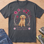 Dark grey t-shirt with a Golden Retriever and cherry blossoms, reading "Soft Heart Loyal Soul".