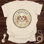 Cream t-shirt with "I Rescued My Best Friend" text and dog graphic.