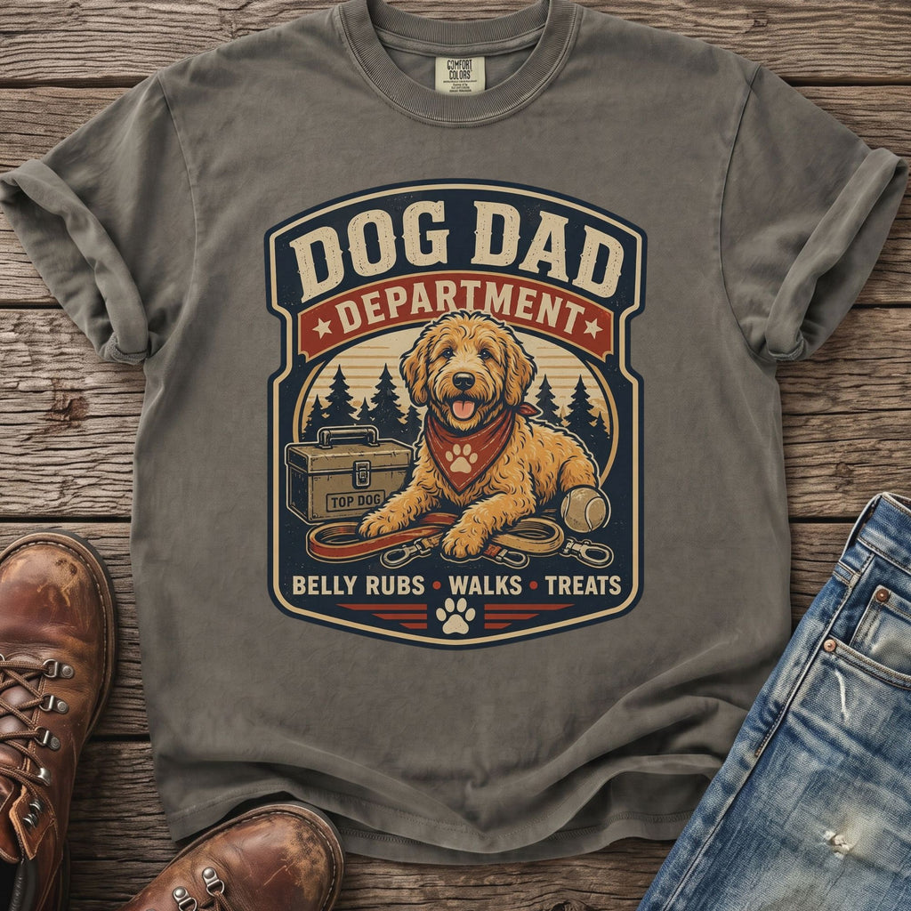Gray t-shirt with "Dog Dad Department" and a doodle dog graphic.