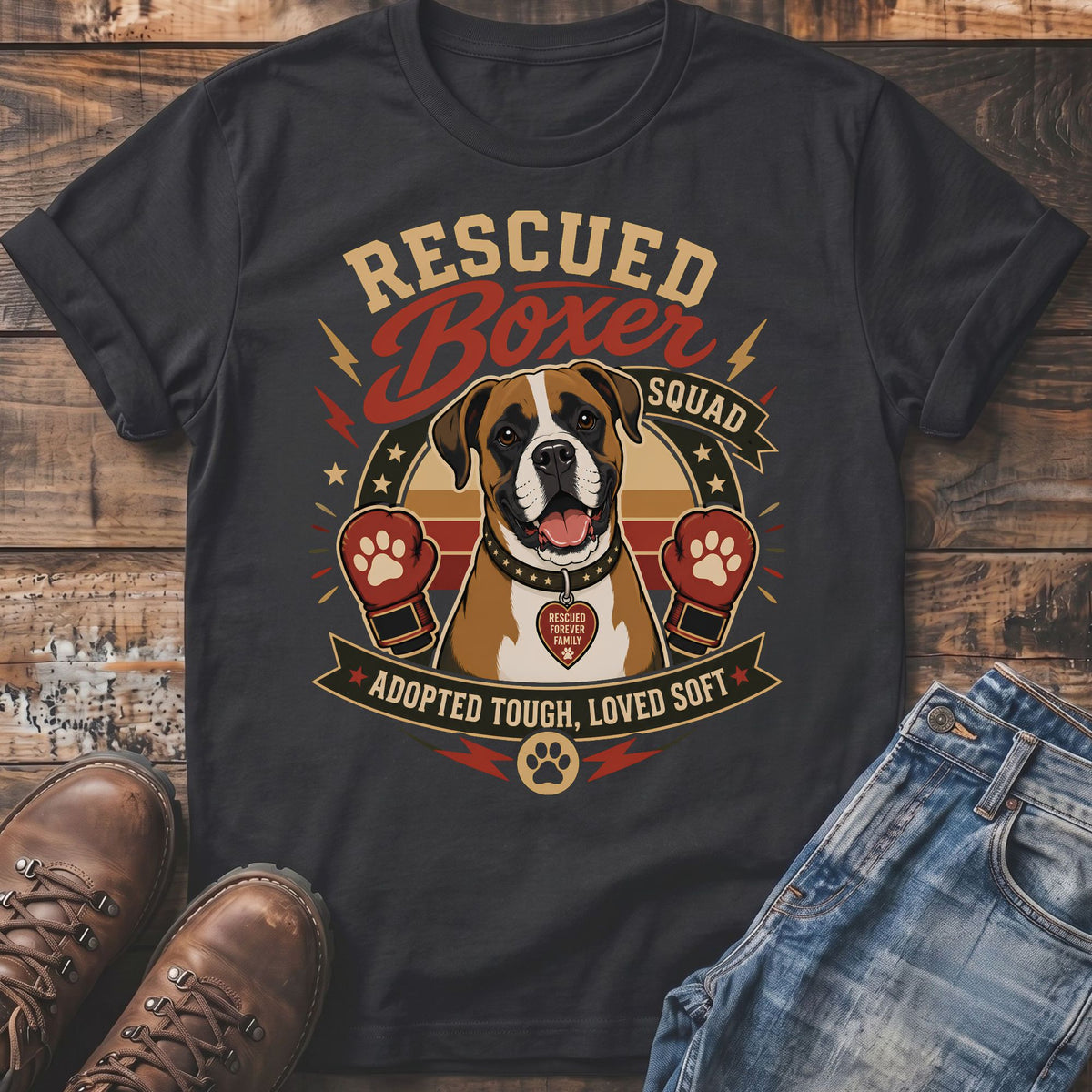 Dark grey t-shirt with a graphic of a boxer dog, boxing gloves, and text "RESCUED Boxer SQUAD ADOPTED TOUGH, LOVED SOFT."