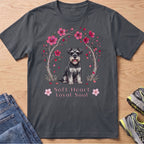 Schnauzer dog with cherry blossoms and text "Soft Heart Loyal Soul."