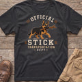 German Shepherd with stick on shirt reads "Official Stick Transportation - Dept -"