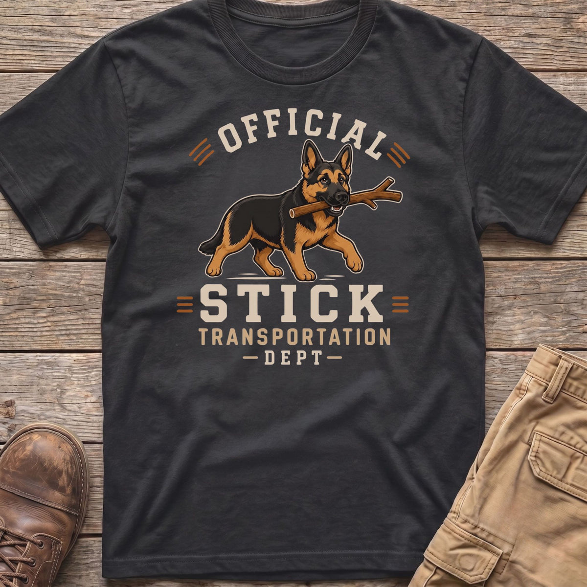 German Shepherd with stick on shirt reads "Official Stick Transportation - Dept -"