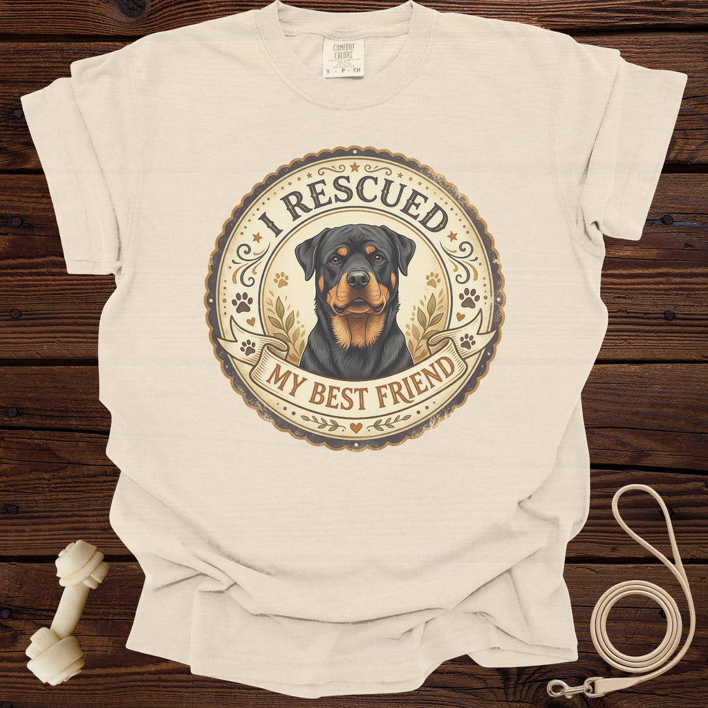 Cream t-shirt with Rottweiler graphic and text "I Rescued My Best Friend."