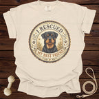 Cream t-shirt with Rottweiler graphic and text "I Rescued My Best Friend."