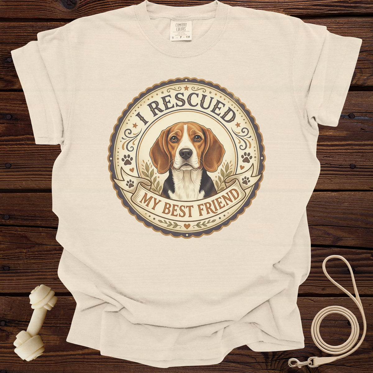 T-shirt with a beagle graphic reading "I Rescued My Best Friend".