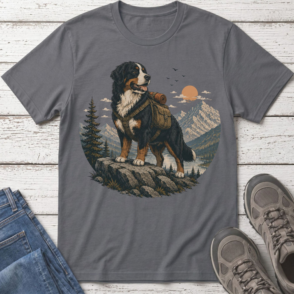 Bernese Mountain Dog wearing a backpack on a rock in a mountain landscape.