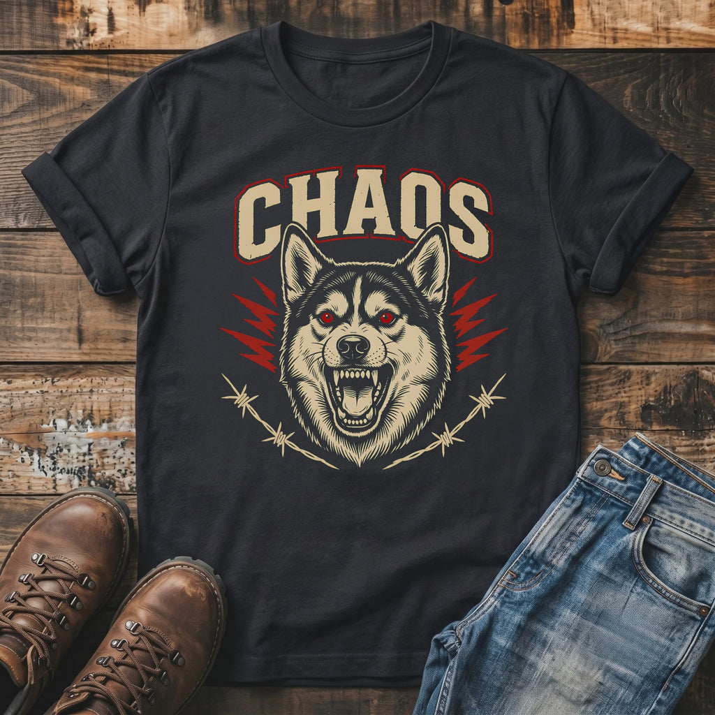 Dark t-shirt with snarling dog graphic and the word CHAOS above it.