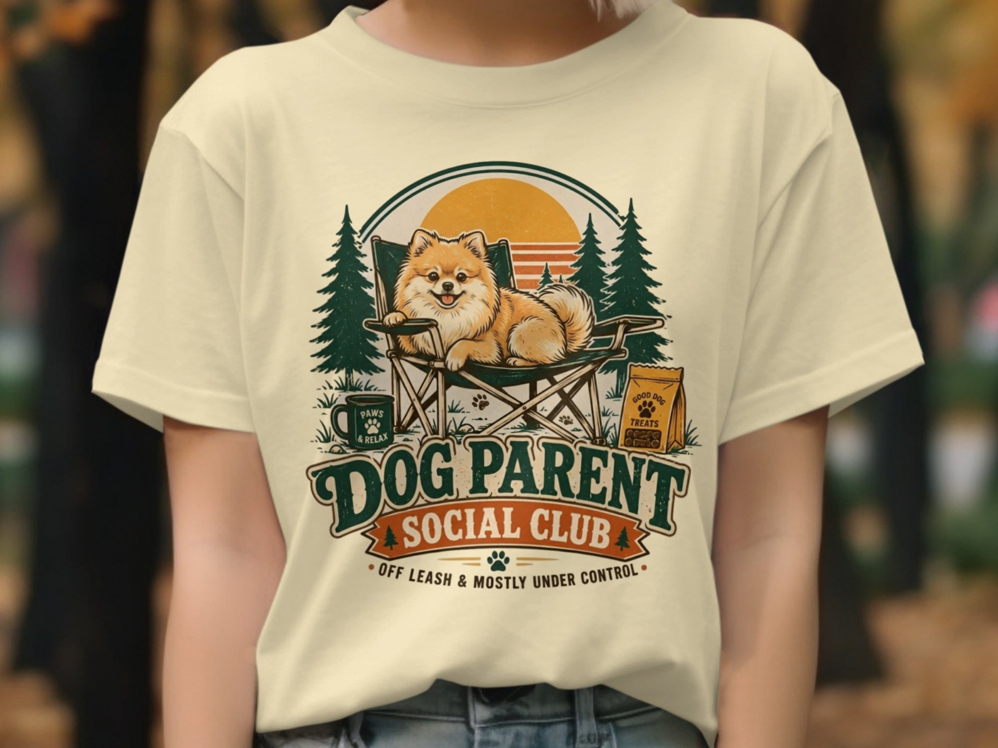 Cream t-shirt with Dog Parent Social Club graphic featuring a Pomeranian.