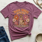 T-shirt with a German Shepherd, flowers, and text "Dog Mom Energy Spoiled Dogs Live Here".