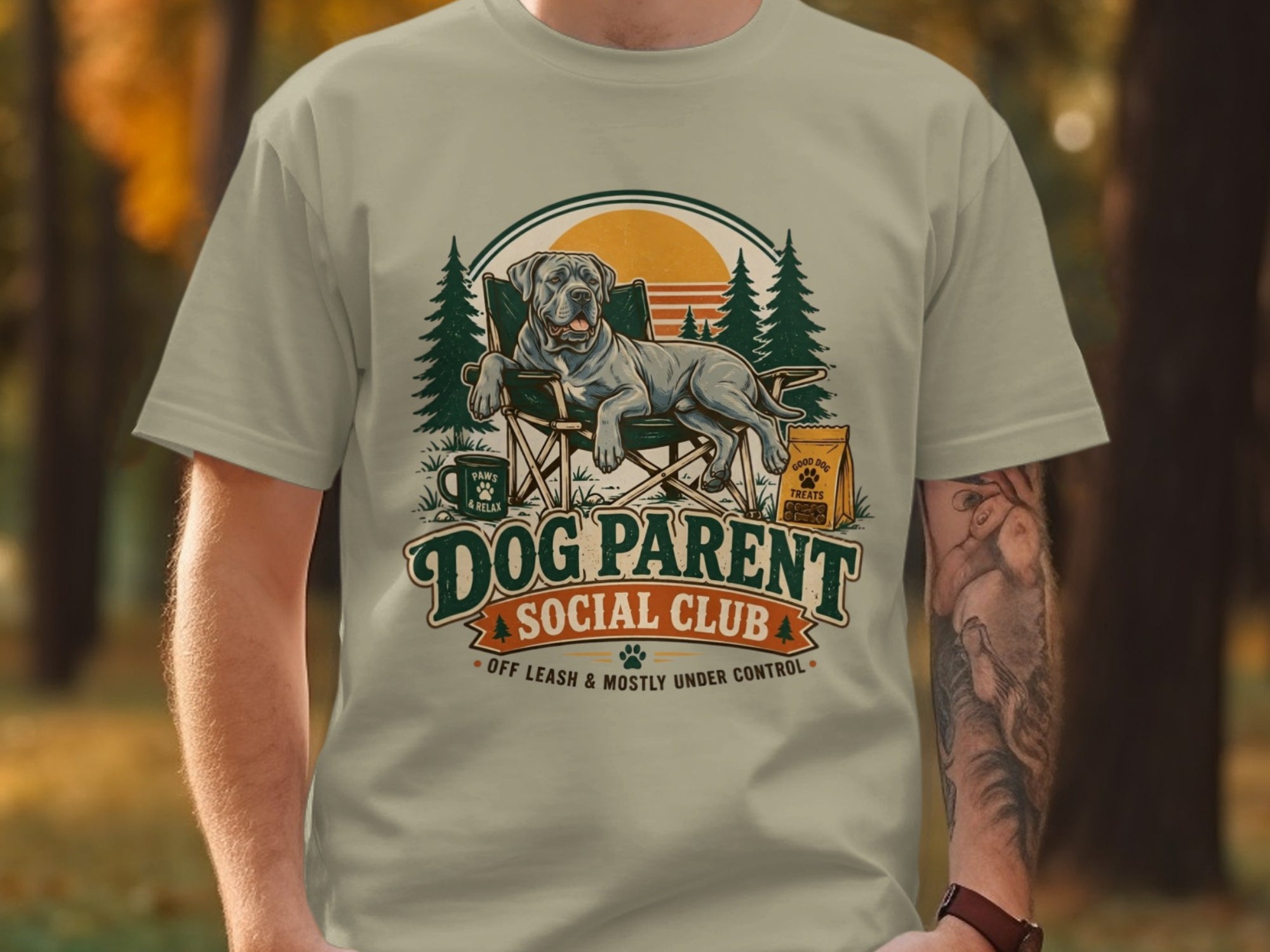 Dog Parent Social Club text with a dog relaxing in a chair.