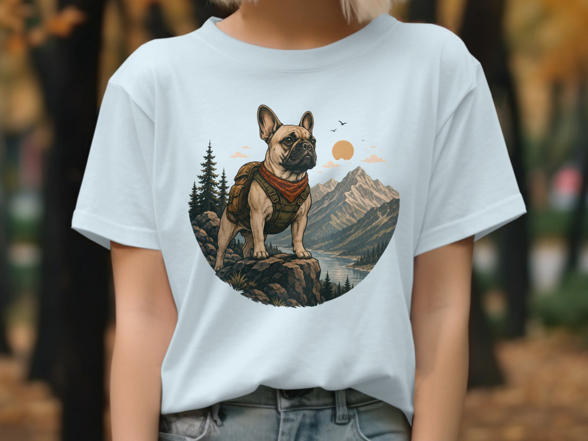 French bulldog with backpack and bandana on cliff overlooking mountains and lake.