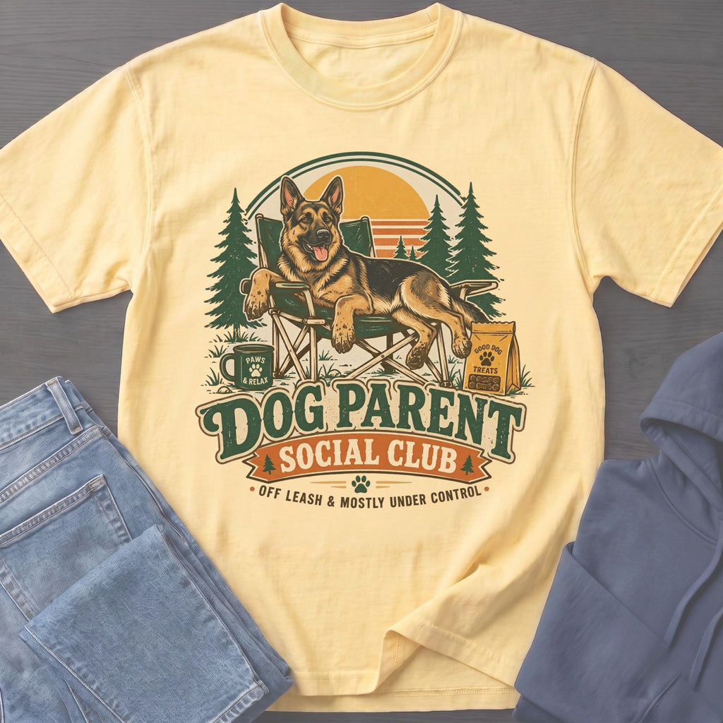 Yellow t-shirt with German Shepherd graphic, text "Dog Parent Social Club," and forest scene.