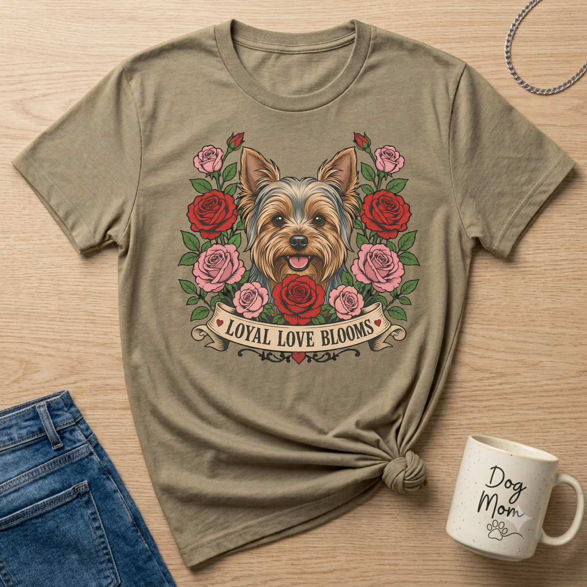 Yorkshire Terrier surrounded by roses with banner text "Loyal Love Blooms."