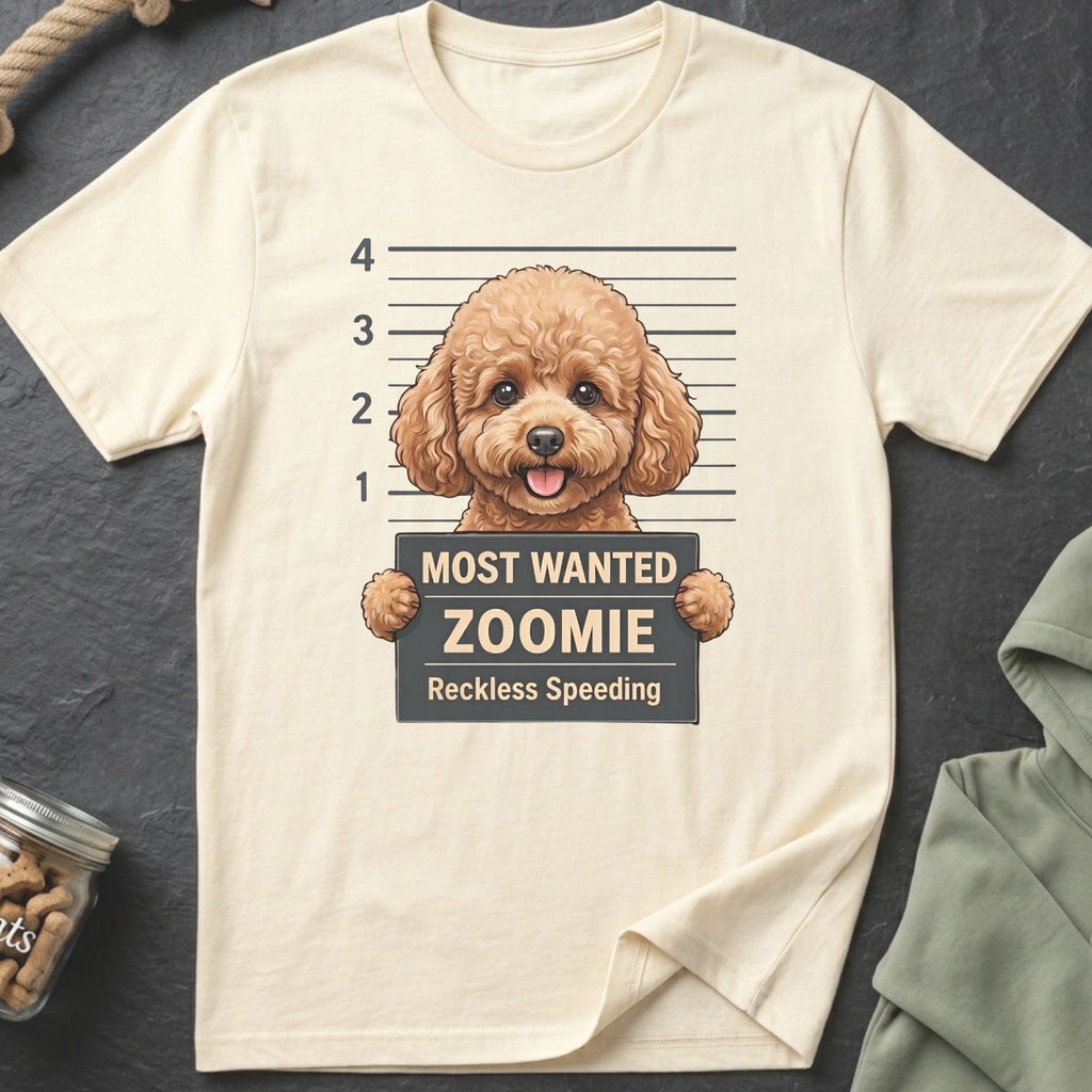 Cream t-shirt with cartoon poodle in mugshot, "Most Wanted Zoomie Reckless Speeding" sign.