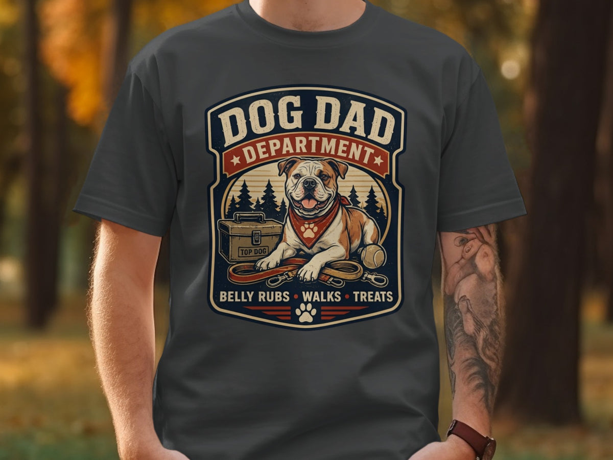 Dog Dad Department t-shirt with bulldog, leash, ball, and text.
