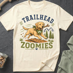 Cream t-shirt with dog graphic and text "TRAILHEAD ZOOMIES"