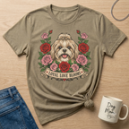 Shih Tzu dog with roses and the text "LOYAL LOVE BLOOMS" on a t-shirt.