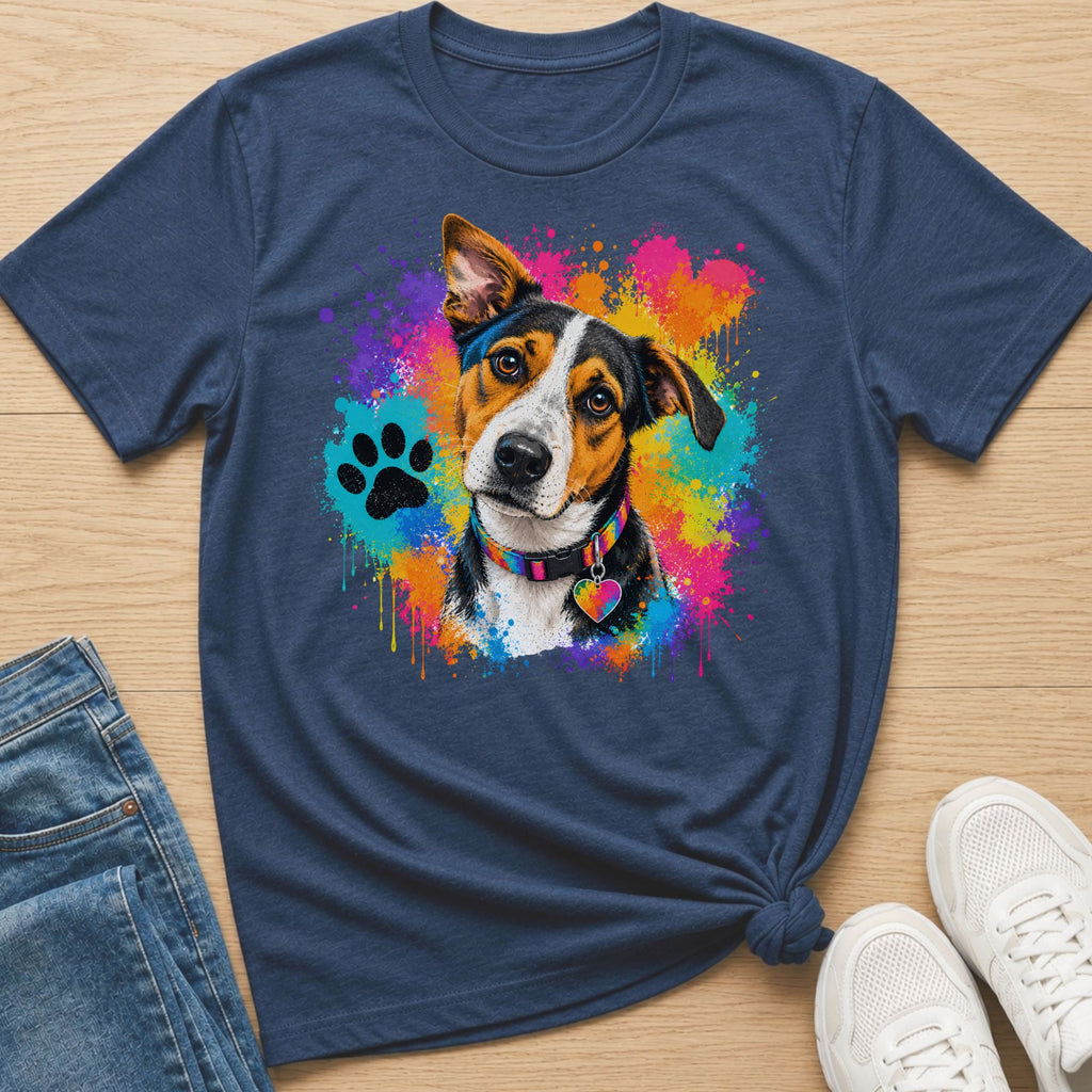 T-shirt with a dog portrait and colorful paint splatters.