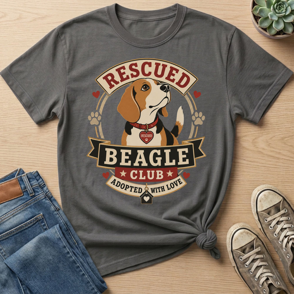 Gray t-shirt with a graphic of a beagle and the text "RESCUED BEAGLE CLUB ADOPTED WITH LOVE".